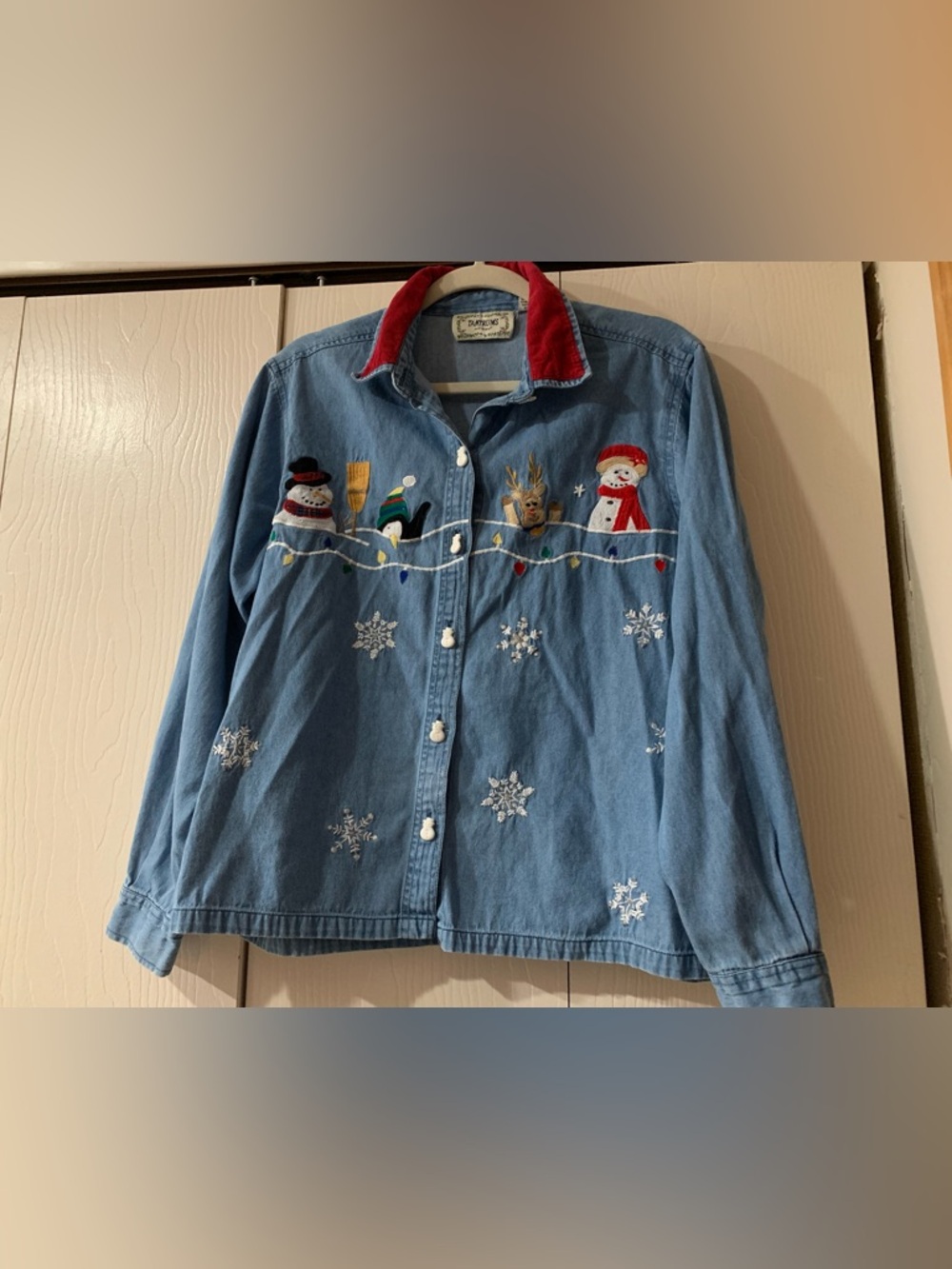 Tantrums Blue Denim Holiday Embroidered Button-Up with Red Corduroy Collar
